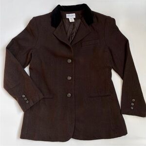 Vintage Brown Wool Blend Blazer Velvet Collar 90s Tailored Jacket S/M